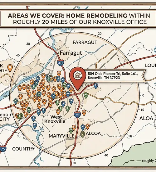 Rubin One Remodeling service area map around Knoxville, TN